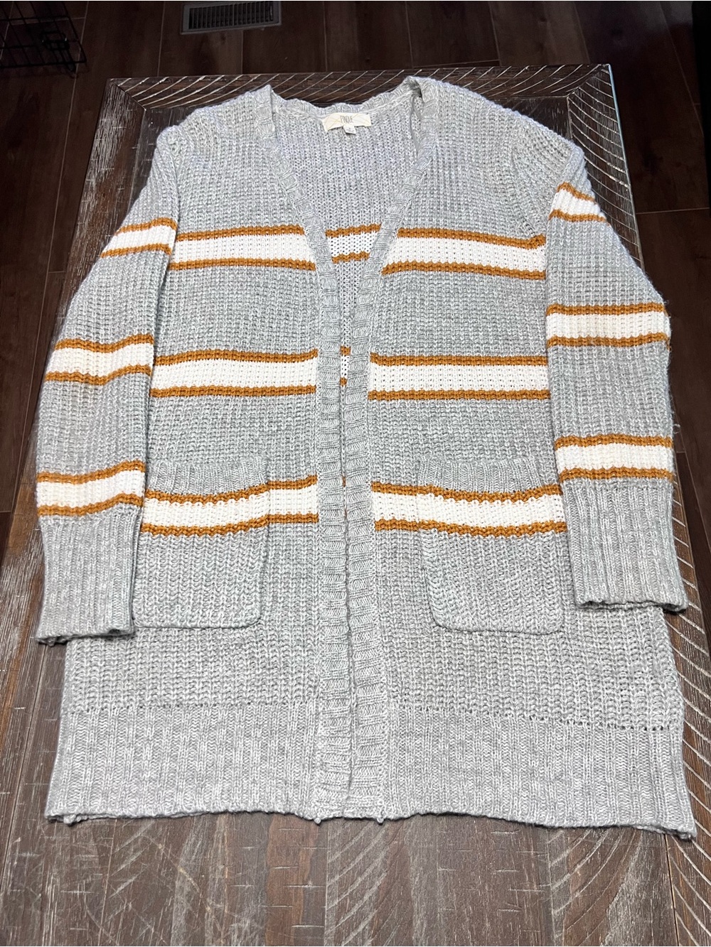 Pinque Ladies Open-Front Longline Knit Cardigan Size L Gray With Stripes